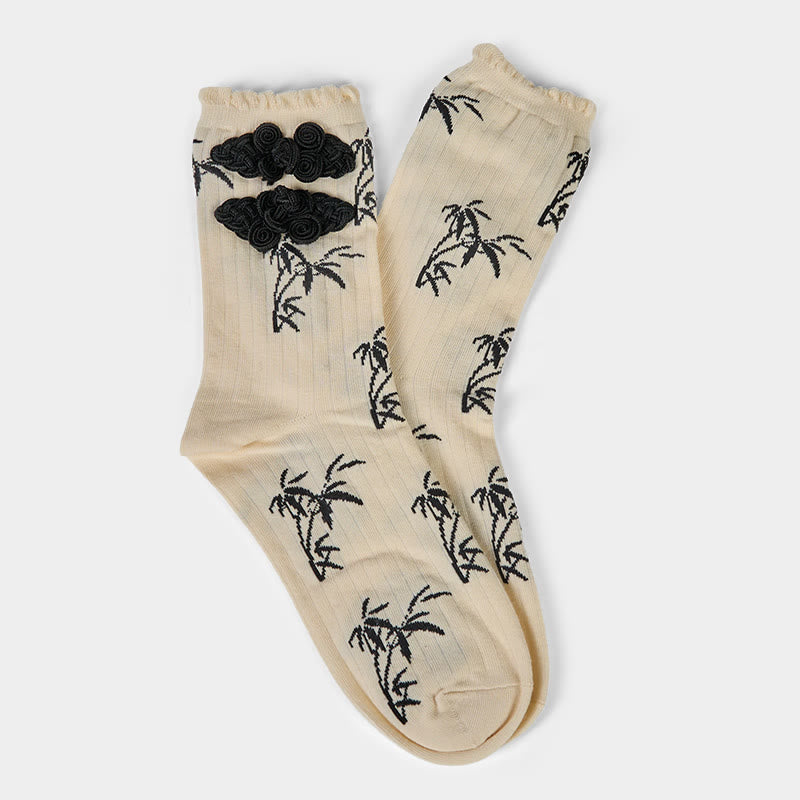 Buddha Stones Chinese Frog-Button Design Jacquard Bamboo Pattern Micro Crew Women's Socks