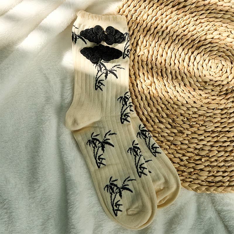 Buddha Stones Chinese Frog-Button Design Jacquard Bamboo Pattern Micro Crew Women's Socks