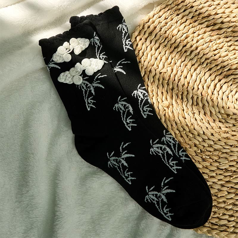 Buddha Stones Chinese Frog-Button Design Jacquard Bamboo Pattern Micro Crew Women's Socks