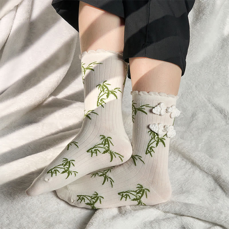 Buddha Stones Chinese Frog-Button Design Jacquard Bamboo Pattern Micro Crew Women's Socks