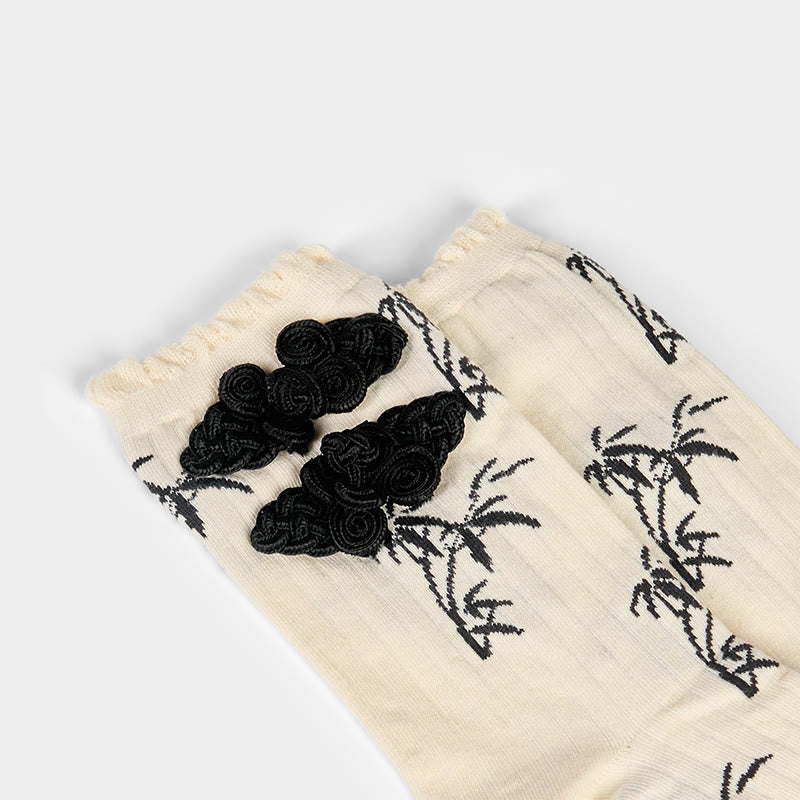 Buddha Stones Chinese Frog-Button Design Jacquard Bamboo Pattern Micro Crew Women's Socks