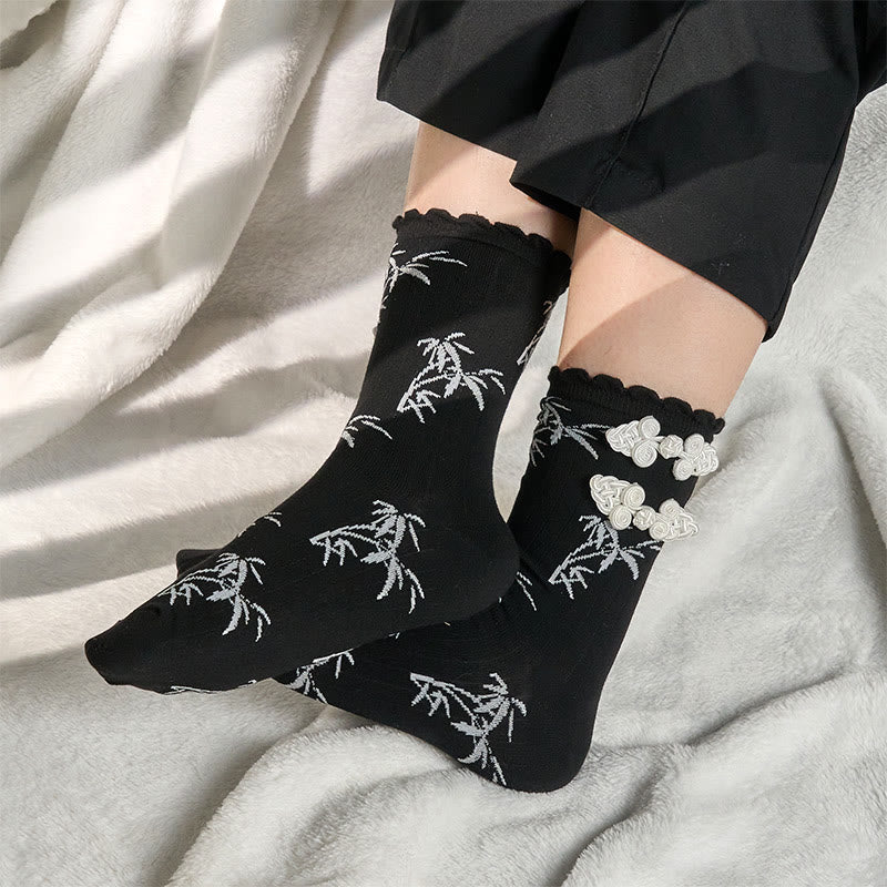 Buddha Stones Chinese Frog-Button Design Jacquard Bamboo Pattern Micro Crew Women's Socks