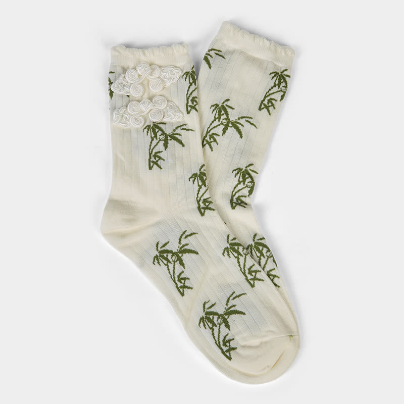 Buddha Stones Chinese Frog-Button Design Jacquard Bamboo Pattern Micro Crew Women's Socks