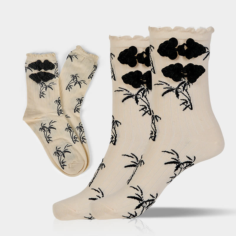 Buddha Stones Chinese Frog-Button Design Jacquard Bamboo Pattern Micro Crew Women's Socks