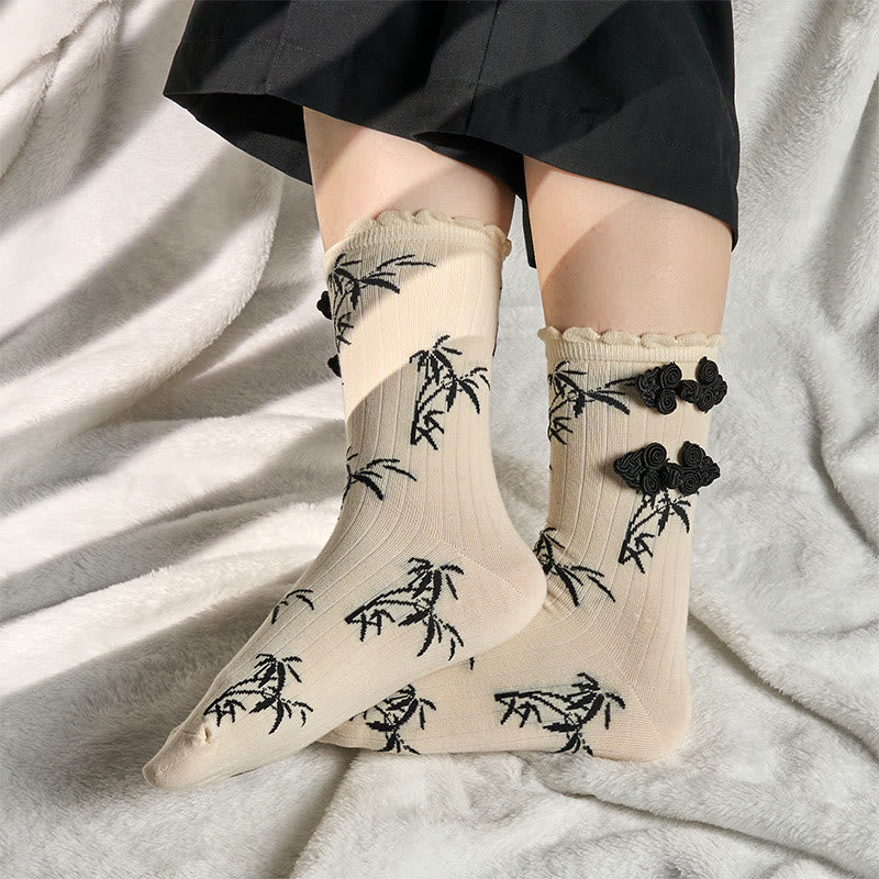 Buddha Stones Chinese Frog-Button Design Jacquard Bamboo Pattern Micro Crew Women's Socks