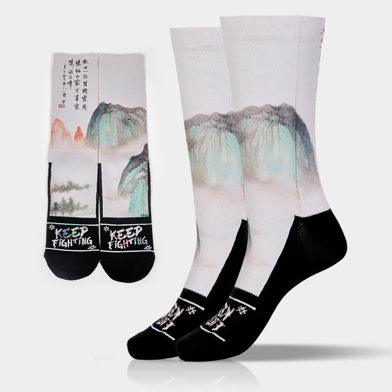 Buddha Stones Casual Lotus Chinese Landscape Painting Micro Crew Men Women Unisex Socks