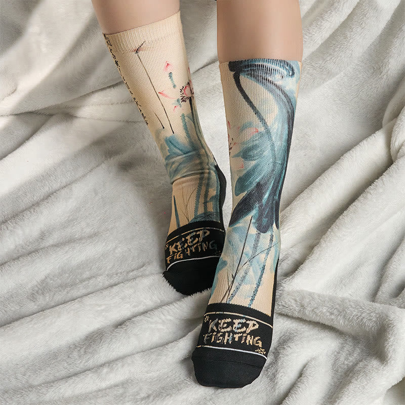 Buddha Stones Casual Lotus Chinese Landscape Painting Micro Crew Men Women Unisex Socks