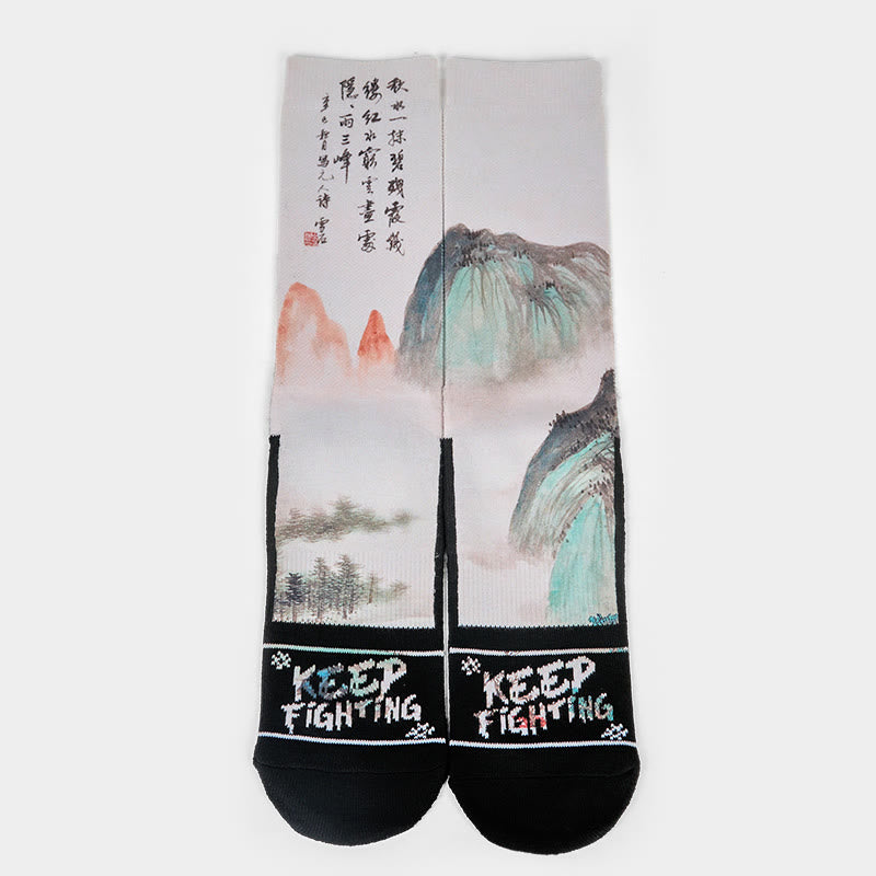 Buddha Stones Casual Lotus Chinese Landscape Painting Micro Crew Men Women Unisex Socks