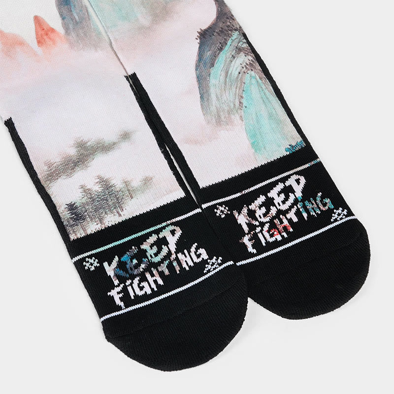 Buddha Stones Casual Lotus Chinese Landscape Painting Micro Crew Men Women Unisex Socks