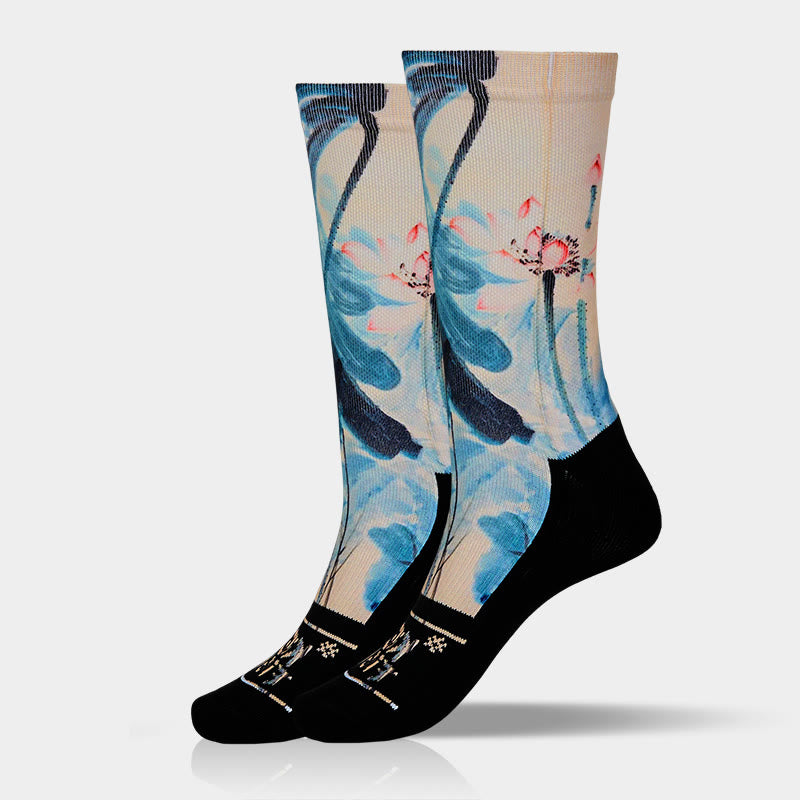 Buddha Stones Casual Lotus Chinese Landscape Painting Micro Crew Men Women Unisex Socks