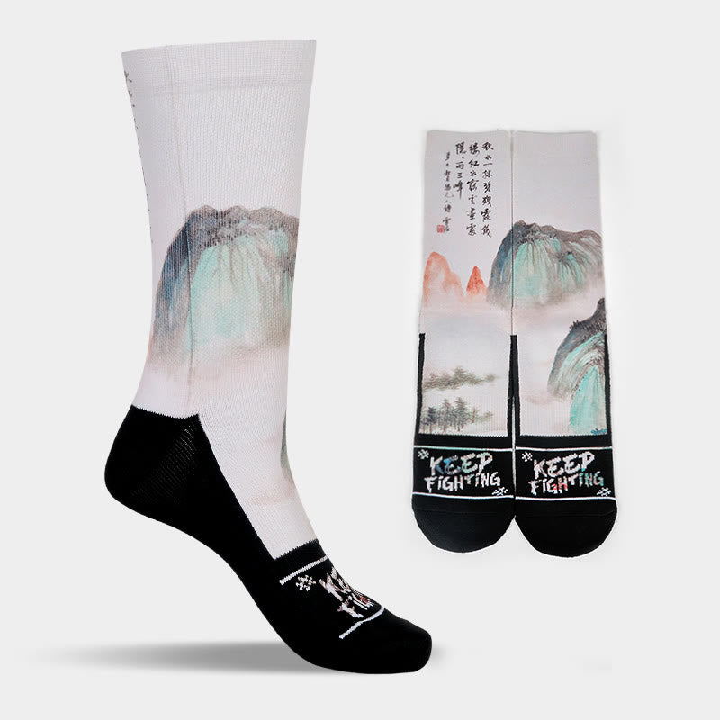 Buddha Stones Casual Lotus Chinese Landscape Painting Micro Crew Men Women Unisex Socks