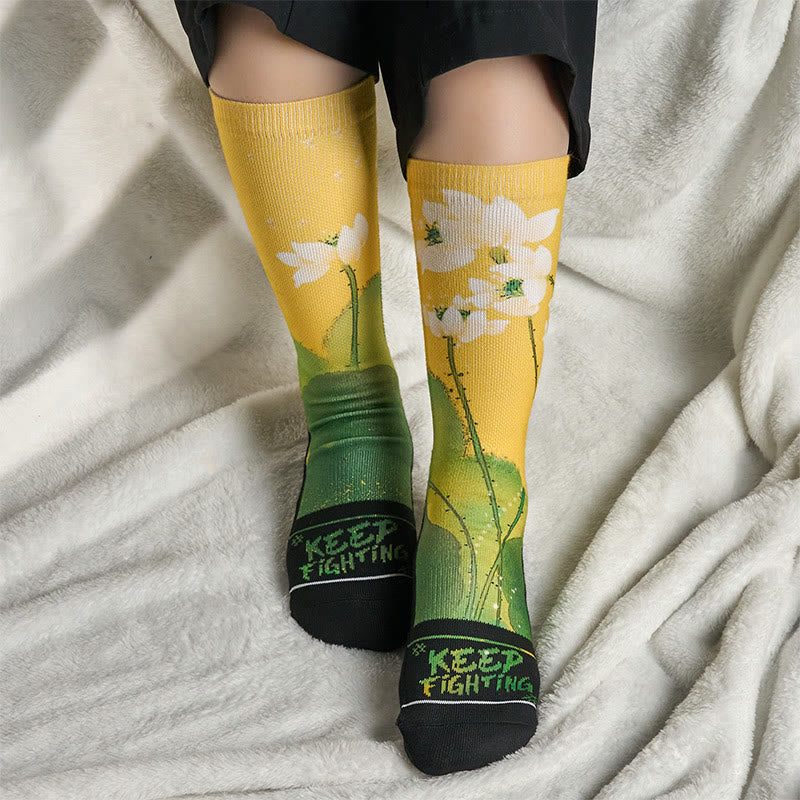 Buddha Stones Casual Beige Lotus Flowers Leaves Micro Crew Men Women Unisex Socks