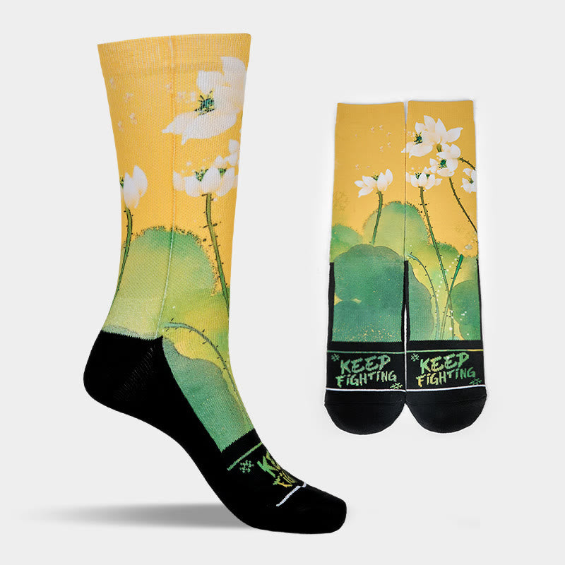 Buddha Stones Casual Beige Lotus Flowers Leaves Micro Crew Men Women Unisex Socks