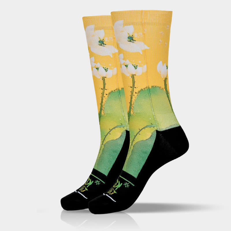 Buddha Stones Casual Beige Lotus Flowers Leaves Micro Crew Men Women Unisex Socks