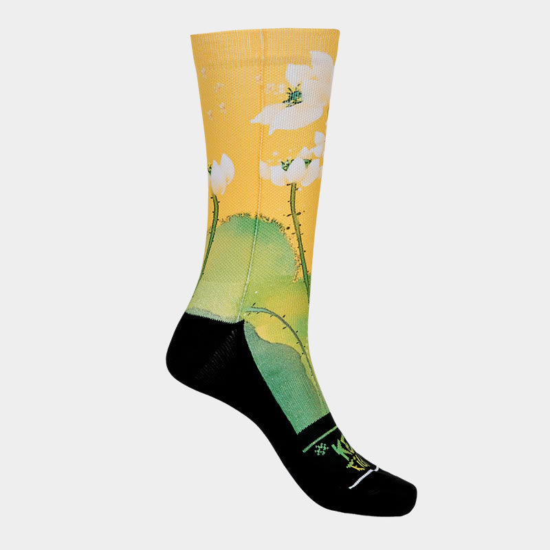 Buddha Stones Casual Beige Lotus Flowers Leaves Micro Crew Men Women Unisex Socks