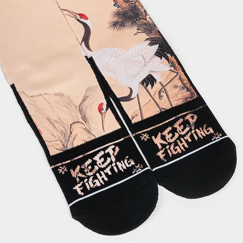 Buddha Stones Casual White Crane Pine Trees Mountains Micro Crew Men Women Unisex Socks
