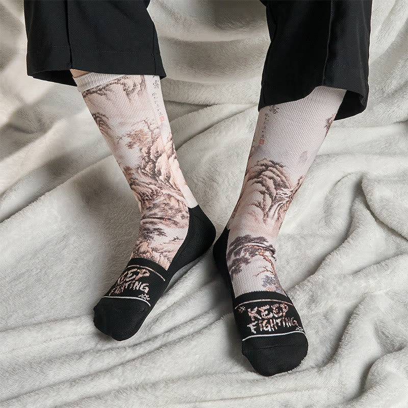 Buddha Stones Casual White Crane Pine Trees Mountains Micro Crew Men Women Unisex Socks