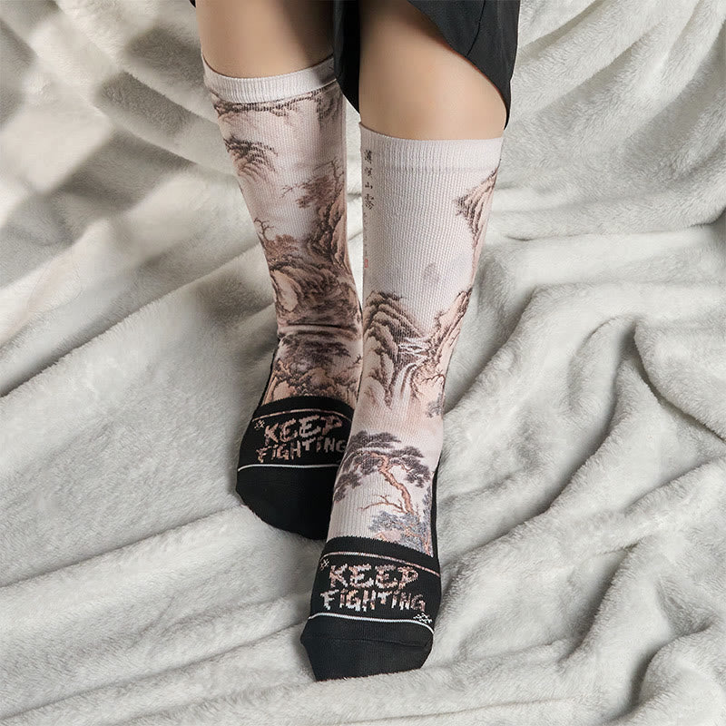 Buddha Stones Casual White Crane Pine Trees Mountains Micro Crew Men Women Unisex Socks
