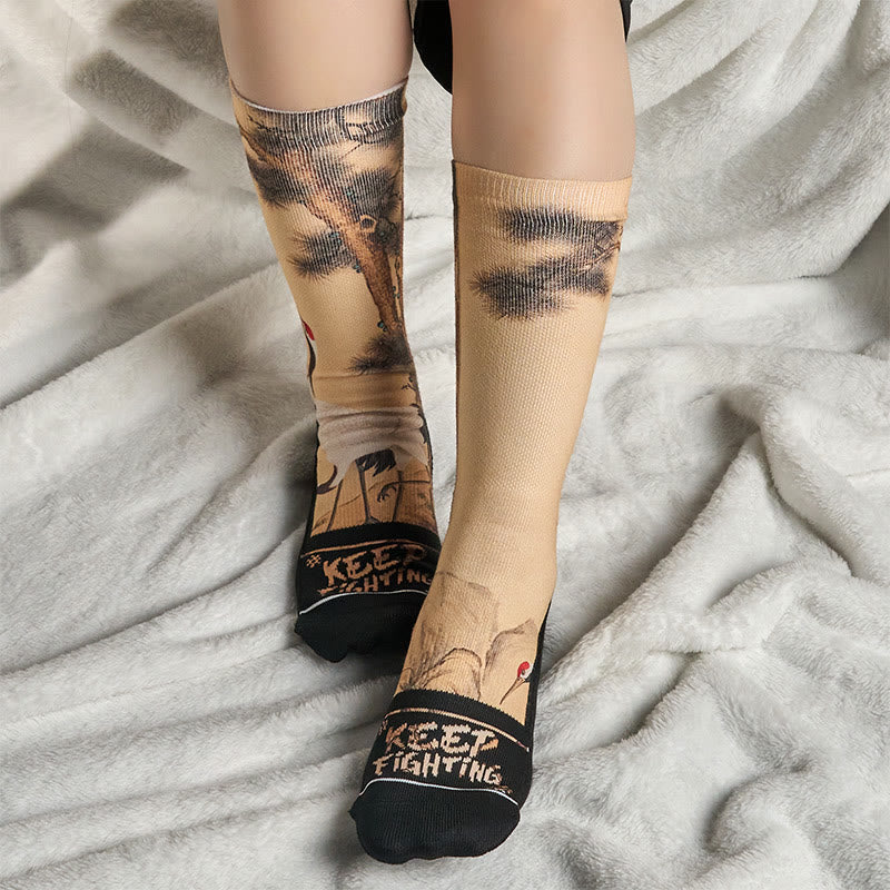 Buddha Stones Casual White Crane Pine Trees Mountains Micro Crew Men Women Unisex Socks