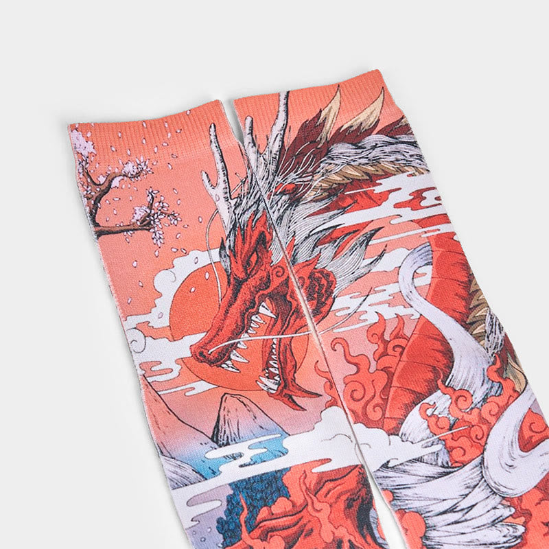 Buddha Stones Casual Red Dragon Volcano Sun Tree Mountains Micro Crew Men Women Unisex Socks