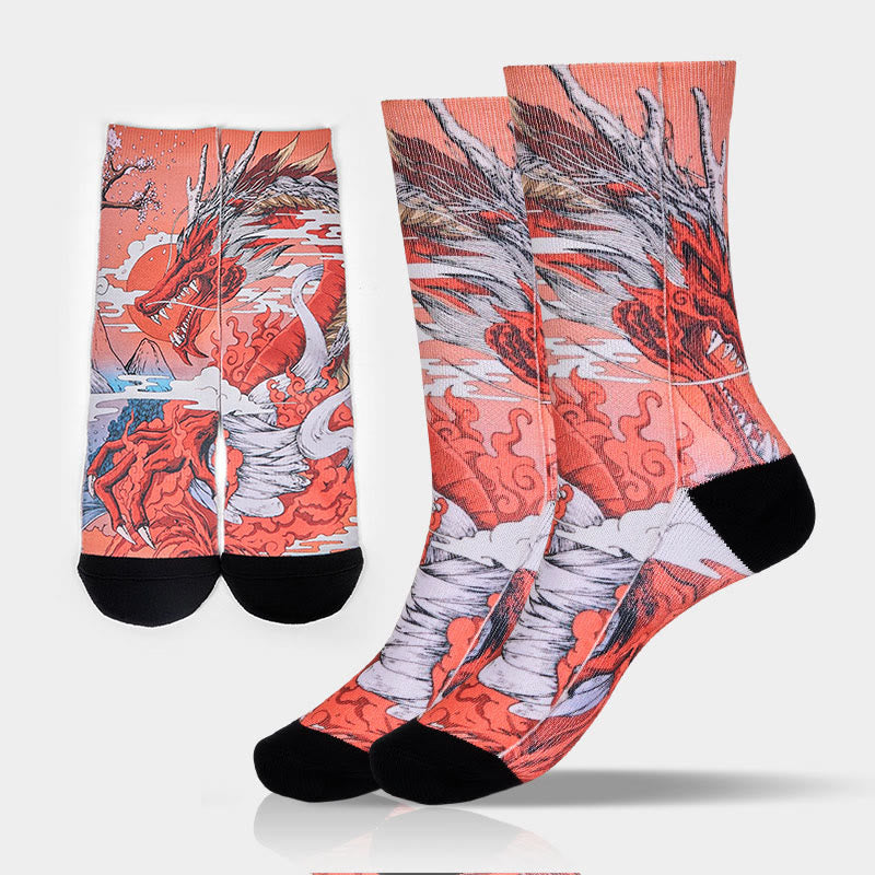 Buddha Stones Casual Red Dragon Volcano Sun Tree Mountains Micro Crew Men Women Unisex Socks