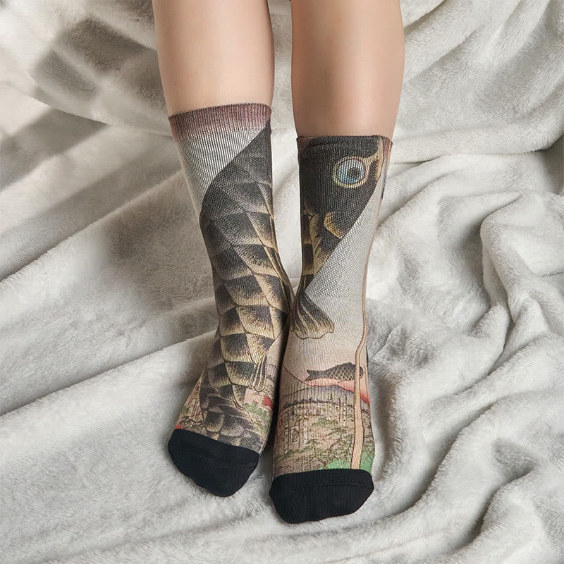 Buddha Stones Casual Koi Fish Mount Fuji Micro Crew Men Women Unisex Socks