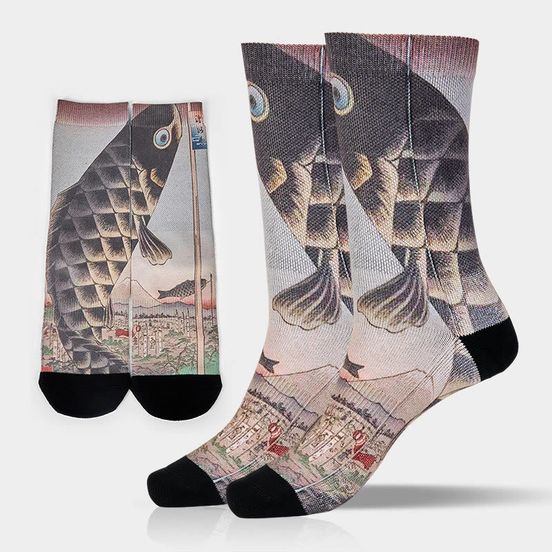 Buddha Stones Casual Koi Fish Mount Fuji Micro Crew Men Women Unisex Socks