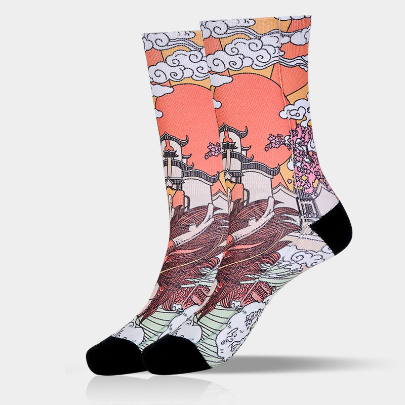 Buddha Stones Casual Dragon Clouds Sun Waves Micro Crew Men Women Unisex Socks