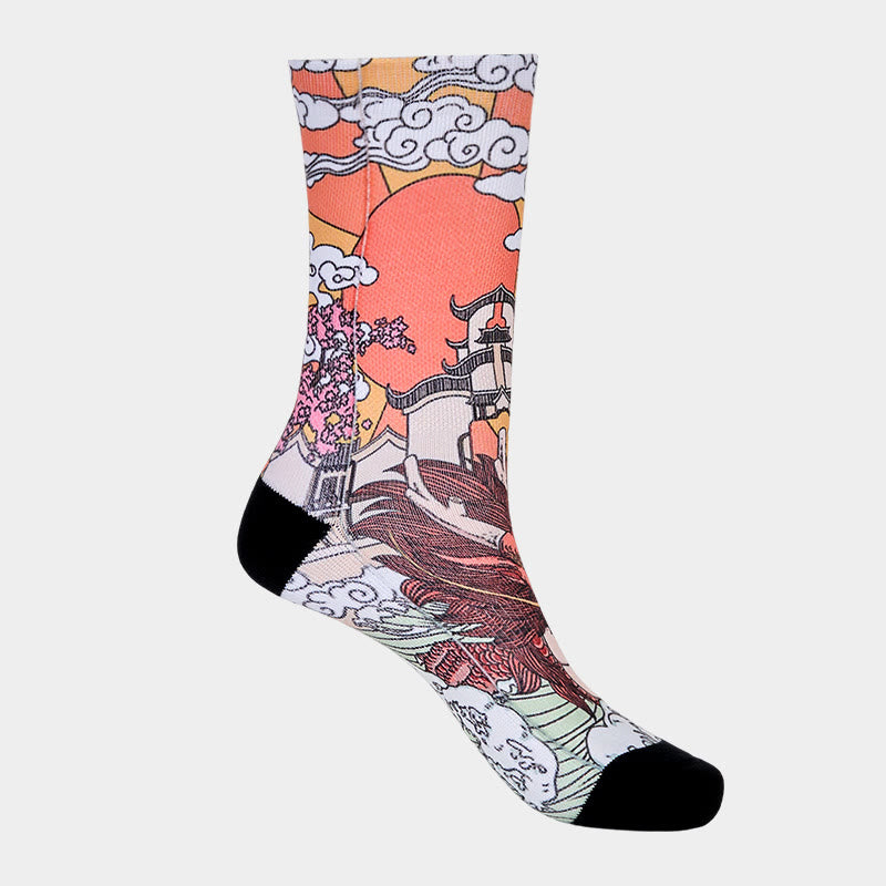 Buddha Stones Casual Dragon Clouds Sun Waves Micro Crew Men Women Unisex Socks