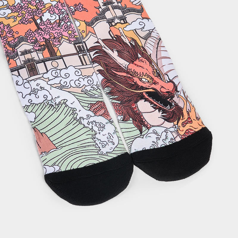 Buddha Stones Casual Dragon Clouds Sun Waves Micro Crew Men Women Unisex Socks