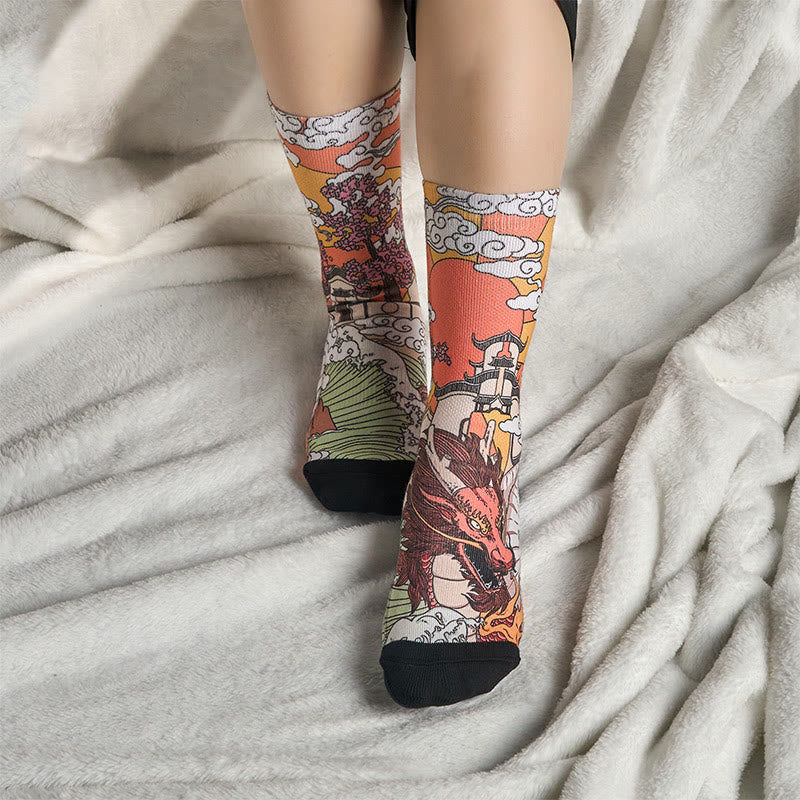 Buddha Stones Casual Dragon Clouds Sun Waves Micro Crew Men Women Unisex Socks