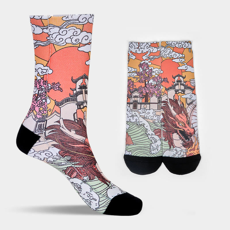 Buddha Stones Casual Dragon Clouds Sun Waves Micro Crew Men Women Unisex Socks