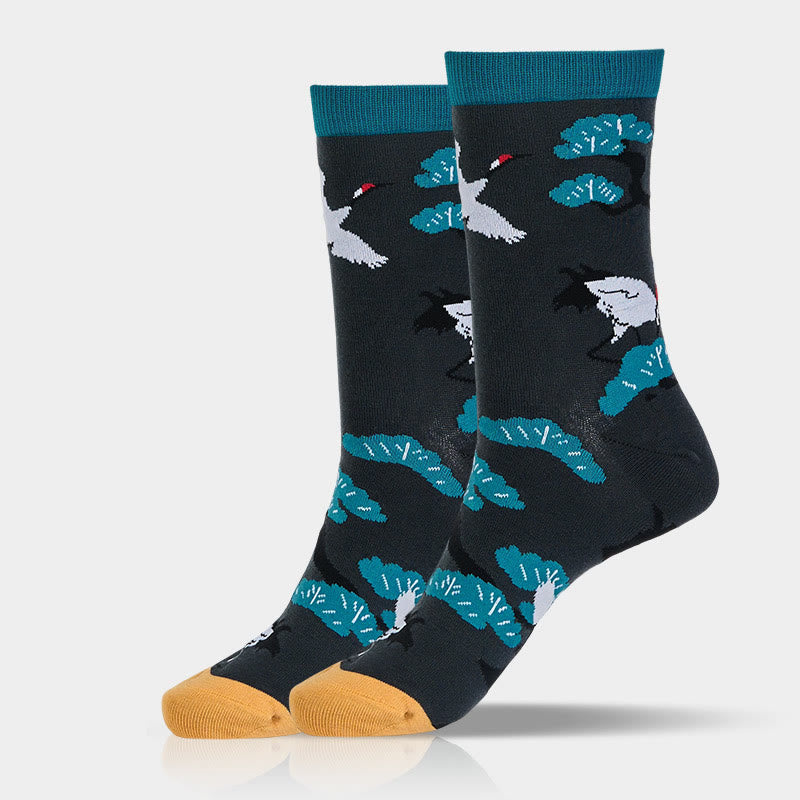 Buddha Stones Casual White Crane Pine Tree Design Micro Crew Women's Socks