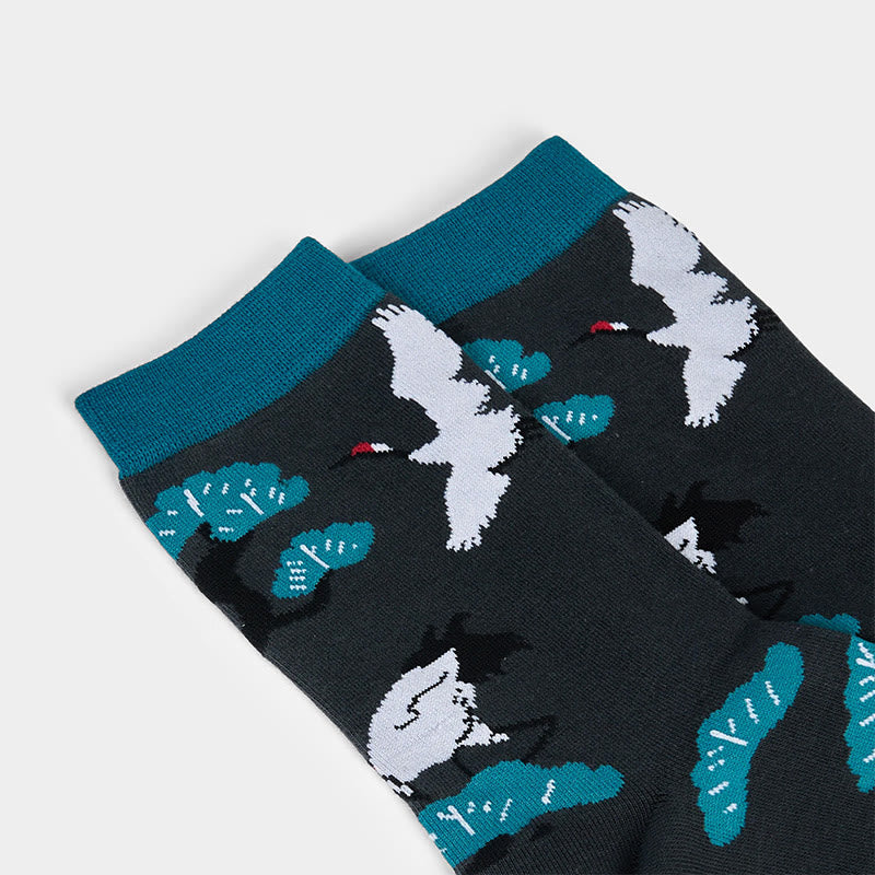 Buddha Stones Casual White Crane Pine Tree Design Micro Crew Women's Socks