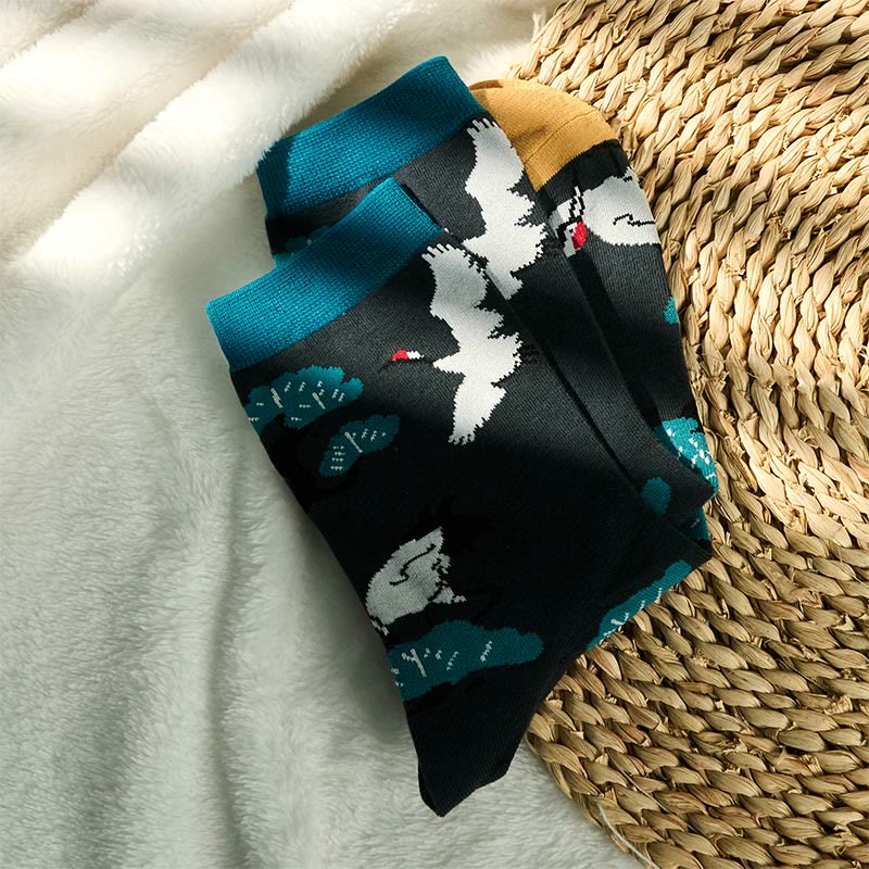 Buddha Stones Casual White Crane Pine Tree Design Micro Crew Women's Socks