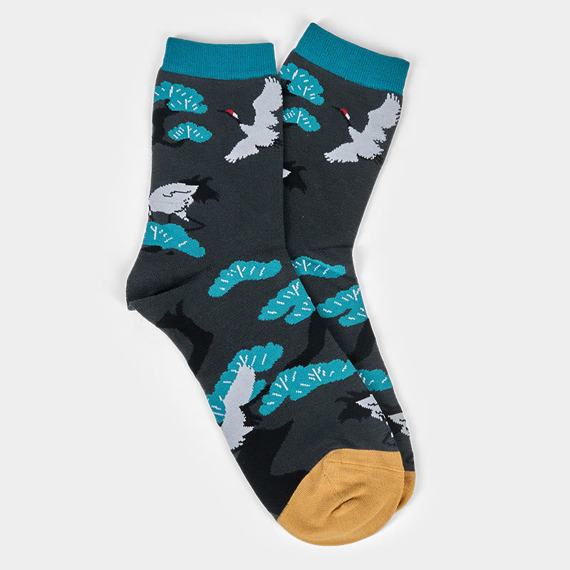 Buddha Stones Casual White Crane Pine Tree Design Micro Crew Women's Socks