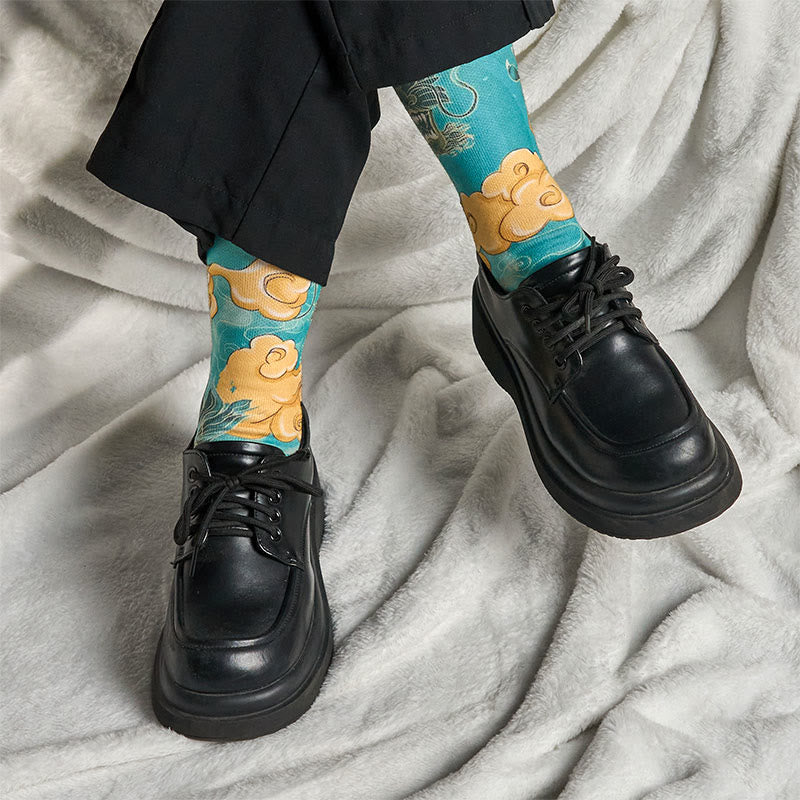 Buddha Stones Casual Dragon Auspicious Clouds Design Micro Crew Men's Socks