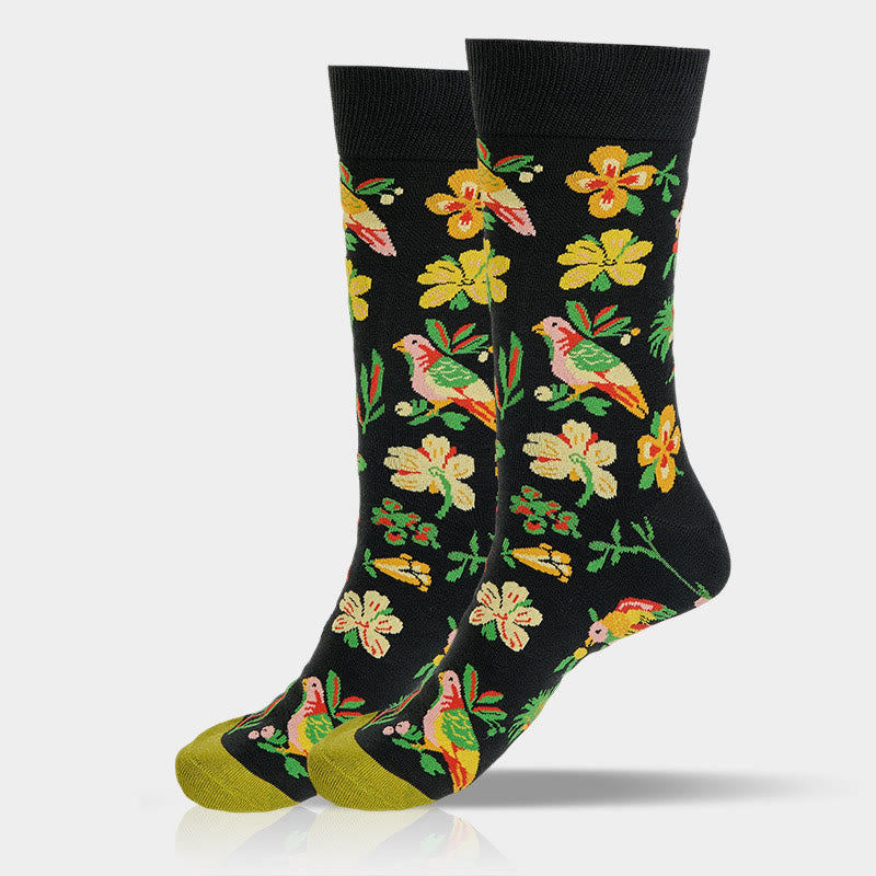 Buddha Stones Blooming Flower Bird Pattern Men Women Unisex Cotton Crew Socks
