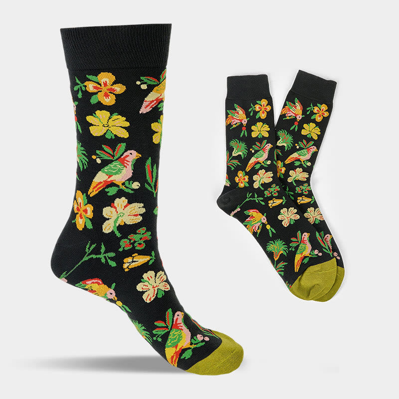 Buddha Stones Blooming Flower Bird Pattern Men Women Unisex Cotton Crew Socks