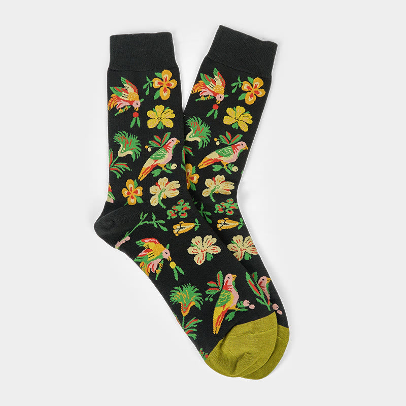 Buddha Stones Blooming Flower Bird Pattern Men Women Unisex Cotton Crew Socks