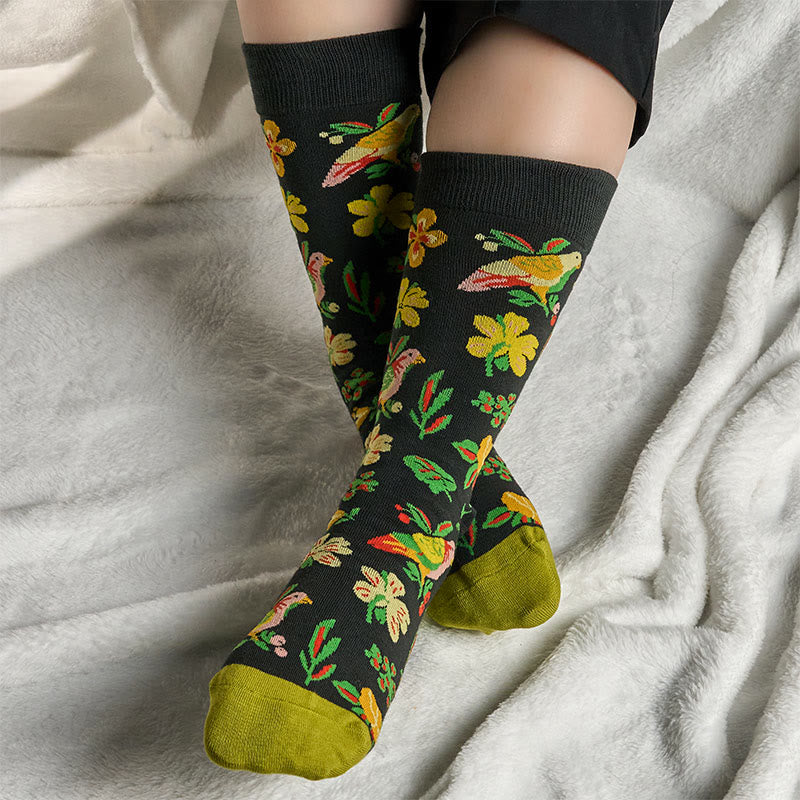 Buddha Stones Blooming Flower Bird Pattern Men Women Unisex Cotton Crew Socks