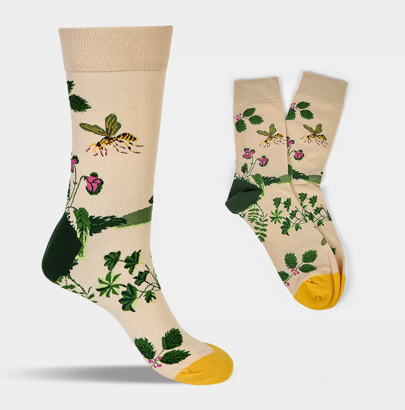 Buddha Stones Bee Frog Leaves Pattern Men Women Unisex Cotton Crew Socks