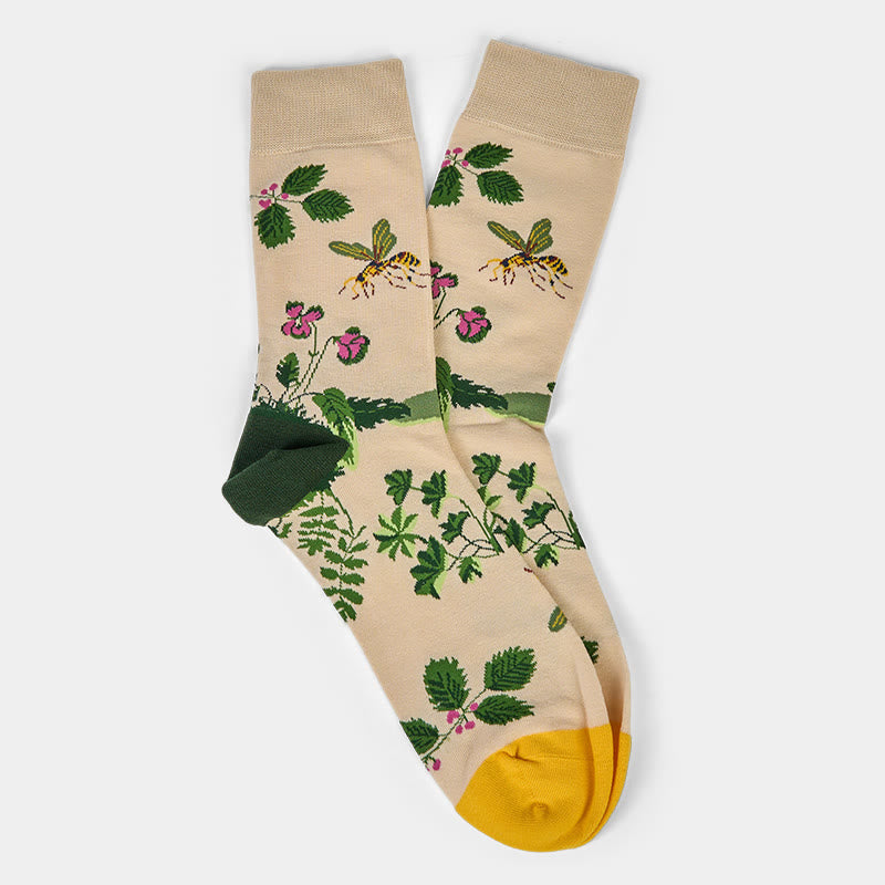 Buddha Stones Bee Frog Leaves Pattern Men Women Unisex Cotton Crew Socks