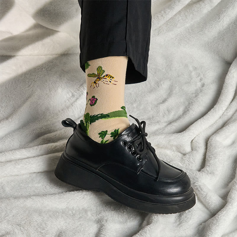 Buddha Stones Bee Frog Leaves Pattern Men Women Unisex Cotton Crew Socks