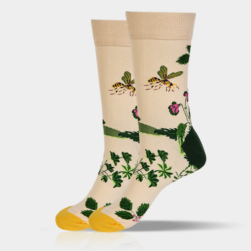 Buddha Stones Bee Frog Leaves Pattern Men Women Unisex Cotton Crew Socks