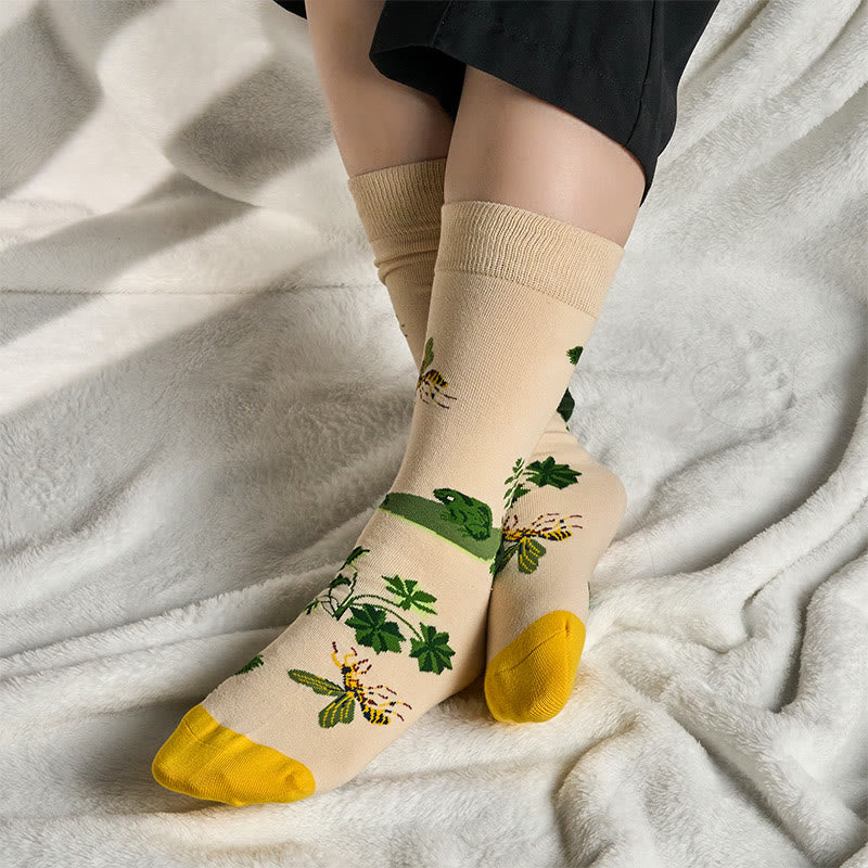 Buddha Stones Bee Frog Leaves Pattern Men Women Unisex Cotton Crew Socks