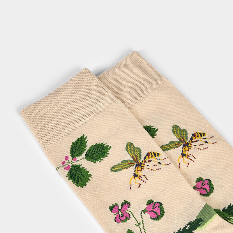 Buddha Stones Bee Frog Leaves Pattern Men Women Unisex Cotton Crew Socks