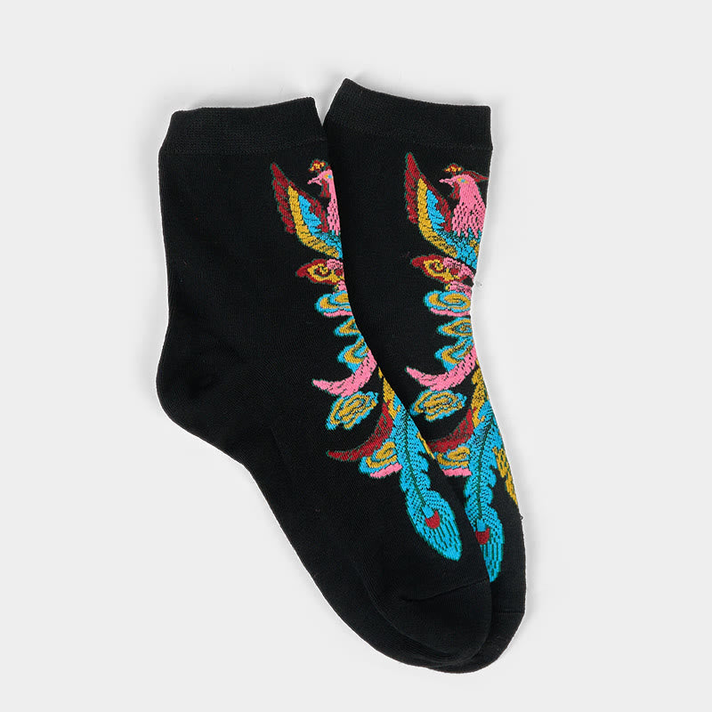 Buddha Stones Casual 3 Pairs Of Multicolored Phoenix Quarter Women's Socks