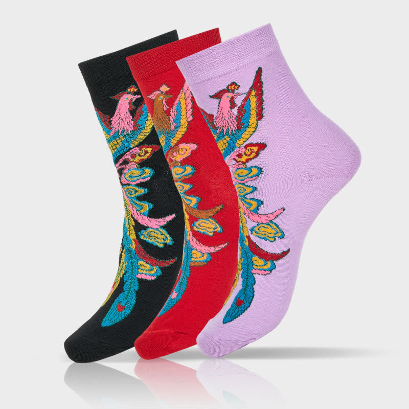 Buddha Stones Casual 3 Pairs Of Multicolored Phoenix Quarter Women's Socks