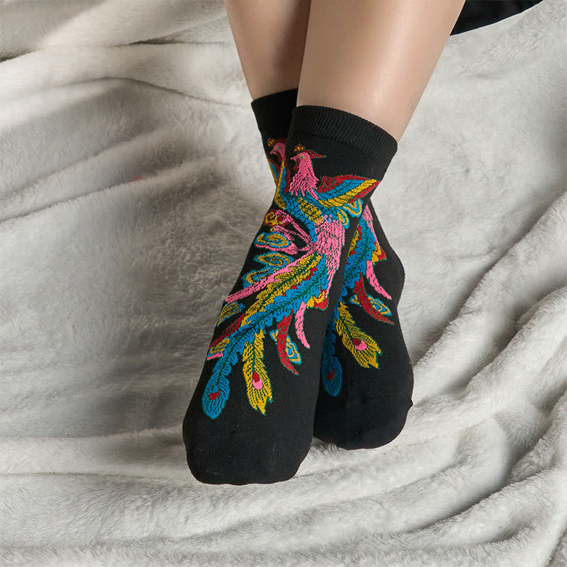 Buddha Stones Casual 3 Pairs Of Multicolored Phoenix Quarter Women's Socks